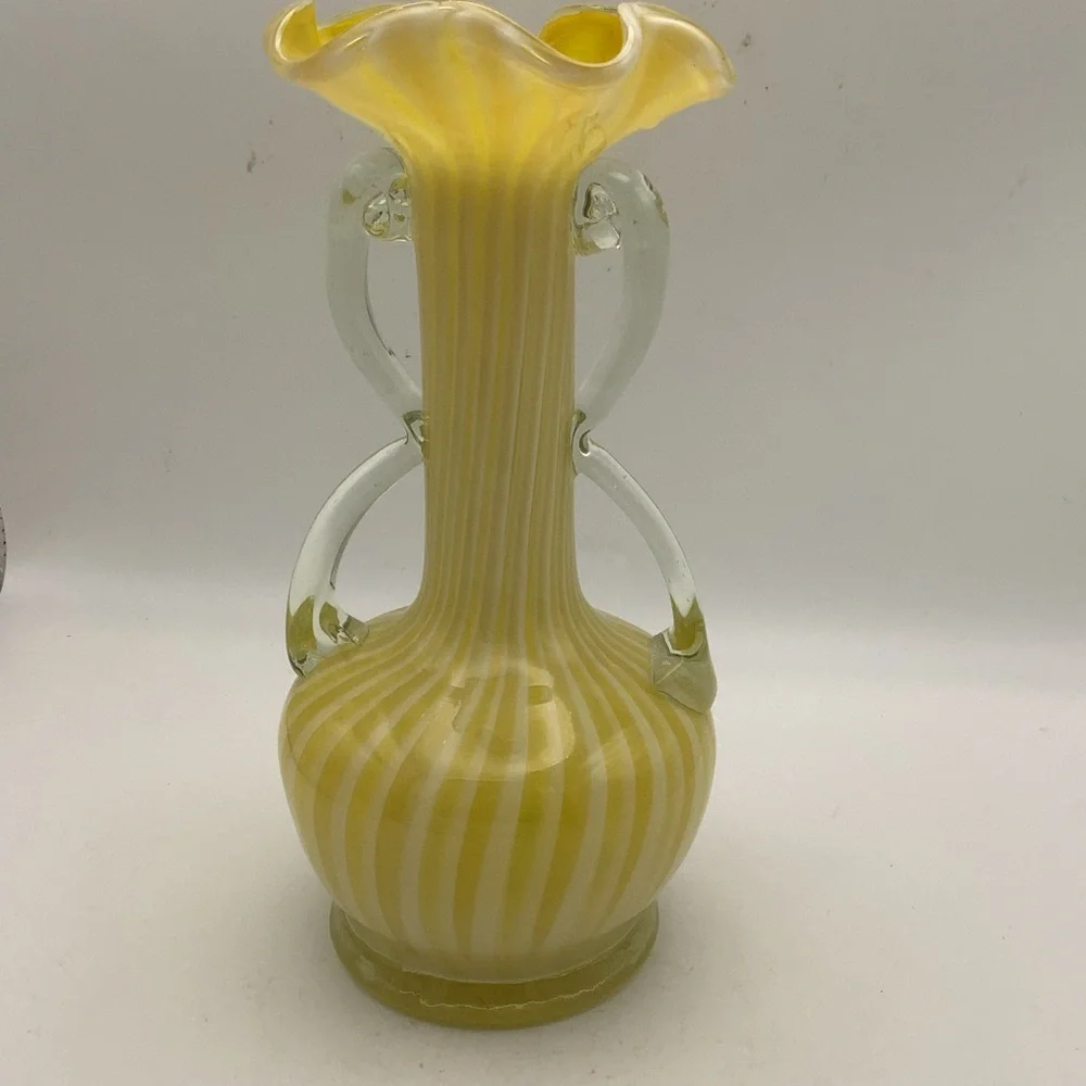 Vintage Murano Style Handblown Yellow and Clear Swirl Glass Vase